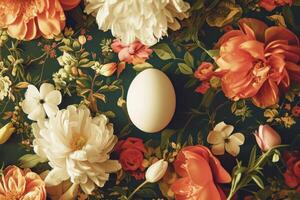 ai generiert ein Weiß runden Ei ist im das Center von ein bunt Blumen- Hintergrund foto