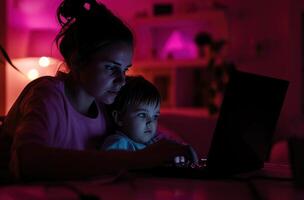 ai generiert ein Frau mit ein Kind suchen beim ihr Laptop foto