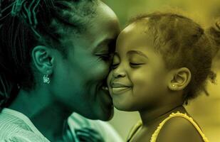 ai generiert ein Afroamerikaner Mutter mit ein jung Mädchen küssen ihr foto