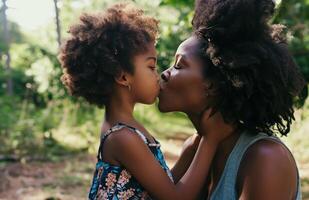 ai generiert ein Afroamerikaner Mutter mit ein jung Mädchen küssen ihr foto