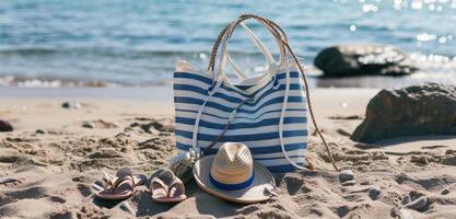 ai generiert Strand Tasche mit Schuhe und Zubehör auf das Strand foto