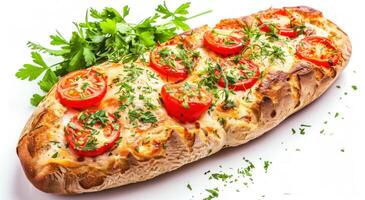 ai generiert ein kostenlos Brot mit Tomaten, Käse und Kräuter auf ein Weiß Hintergrund foto