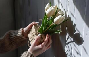 ai generiert Frau Übergabe Weiß Tulpen mit Geschenk Box foto