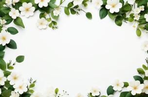 ai generiert Blumen und Blätter verstreut auf ein Tabelle mit Raum foto