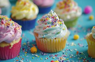 ai generiert bunt Cupcakes sind um zum ein Party auf ein Blau Hintergrund foto