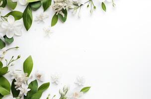 ai generiert Blumen und Blätter verstreut auf ein Tabelle mit Raum foto