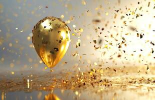 ai generiert golden Geburtstag Ballon mit Konfetti fallen im Vorderseite von es foto