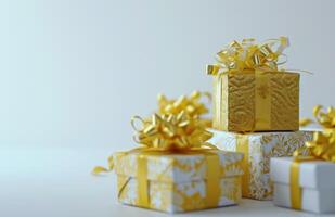 ai generiert Gold Geschenk Verpackung, Band und Geschenk Kisten foto