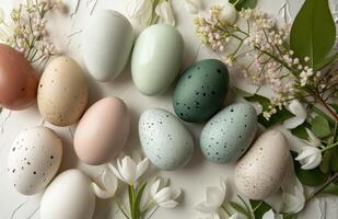 ai generiert ein Frühling Urlaub Szene mit Pastell- Farbtöne, dekoriert Eier foto