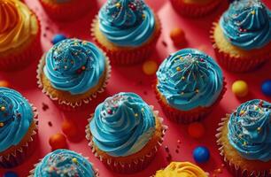 ai generiert bunt bunt Cupcakes mit Blau zuckerhaltig Dekorationen foto