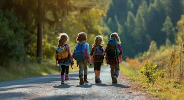 ai generiert Kinder sind Gehen Nieder Straße mit ihr Rucksäcke foto