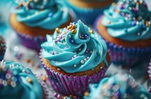 ai generiert bunt bunt Cupcakes mit Blau zuckerhaltig Dekorationen foto