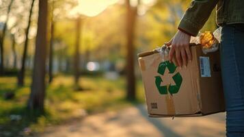 ai generiert ein jung Mädchen halten ein Box mit ein Plastik Recycling Logo im das Park foto