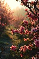 ai generiert ein heiter Morgen Szene mit Frühling blüht, foto