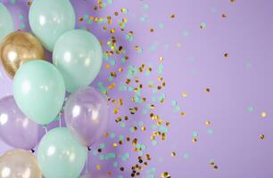 ai generiert Pastell- und aqua Luftballons mit Konfetti auf lila Hintergrund foto