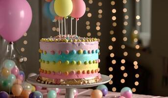 ai generiert ein zwei Schicht Regenbogen bunt Kuchen mit Luftballons foto