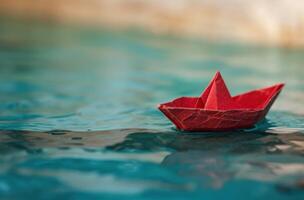 ai generiert ein klein Papier Boot mit rot segeln auf hölzern Deck foto