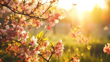 ai generiert ein heiter Morgen Szene mit Frühling blüht, foto