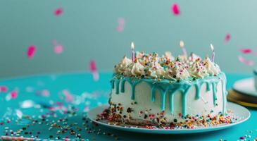 ai generiert ein leeren Geburtstag Kuchen auf etwas Blau und Weiß foto