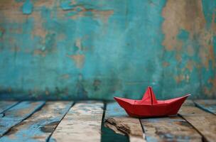 ai generiert ein klein Papier Boot mit rot segeln auf hölzern Deck foto