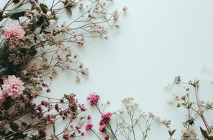 ai generiert Anordnung von Rosa Blumen mit Kranz auf Weiß Hintergrund foto