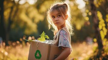 ai generiert ein jung Mädchen halten ein Box mit ein Plastik Recycling Logo im das Park foto