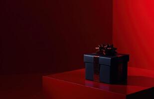 ai generiert schwarz Box mit Geschenk eingewickelt im rot auf ein rot Hintergrund foto