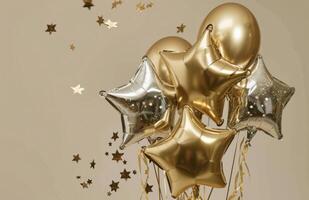 ai generiert Gold vereiteln Ballon mit Silber Sterne und Geschenke foto