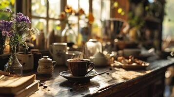 ai generiert ein Morgen Kaffee Szene mit aromatisch Tassen, gemütlich Umfeld foto