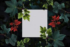 ai generiert ein leer Papier umgeben durch rot Blätter foto