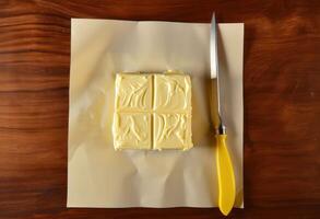 ai generiert Butter auf ein Weiß Blatt von Papier mit ein Messer foto