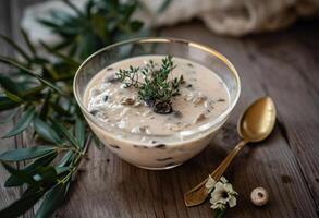 ai generiert ein Schüssel von Pilz Suppe einstellen auf ein hölzern Tabelle foto