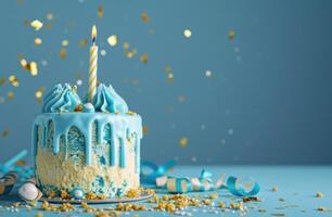 ai generiert ein Kuchen Kerze mit Blau Glasur und ein Geburtstag Geschenk foto