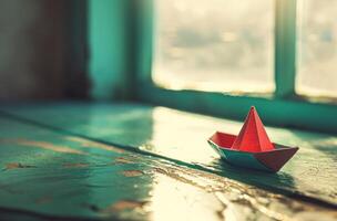 ai generiert Boot auf ein Schreibtisch im Meer rps Spielzeugpapier Boot foto
