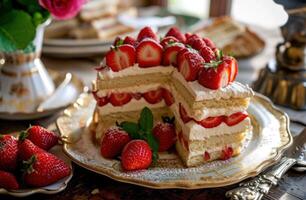 ai generiert ein Dessert Teller voll von Kuchen mit Erdbeeren foto