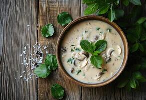 ai generiert ein Schüssel von Pilz Suppe einstellen auf ein hölzern Tabelle foto