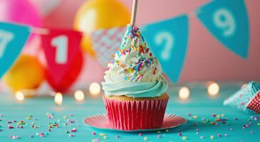 ai generiert ein Cupcake im Vorderseite von ein nummeriert Geburtstag Party Flagge foto