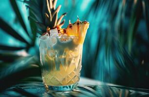 ai generiert ein Glas von Cocktail mit Ananas Keile und Kokosnuss Stücke foto