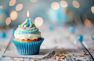 ai generiert ein Bild von ein Cupcake mit ein Blau Kerze im es foto