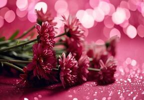 ai generiert Valentinstag Tag Blumen auf Rosa Hintergrund mit funkeln Hintergrund foto