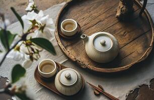 ai generiert Teekanne auf Tablett mit zwei Tassen von Weiß Tee foto