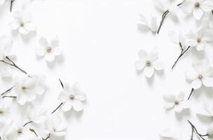 ai generiert Weiß Blätter und Blumen auf ein Weiß Hintergrund foto