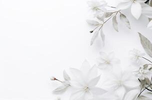 ai generiert Weiß Blätter und Blumen auf ein Weiß Hintergrund foto
