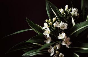 ai generiert Weiß Blume und Blätter im ein Vase foto