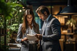 ai generiert ein Geschäft Mann und Frau aussehen beim Papier und sprechen, foto