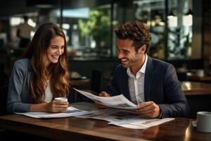 ai generiert ein Geschäft Mann und Frau aussehen beim Papier und sprechen, foto