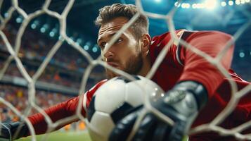 ai generiert gut aussehend jung mutig Fußball Spieler Partituren das Ball in das Tor foto