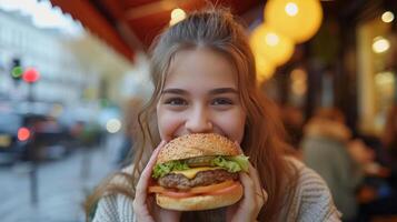 ai generiert Mädchen 12 Jahre alt isst ein groß Burger im ein Straße Cafe im Stadt foto