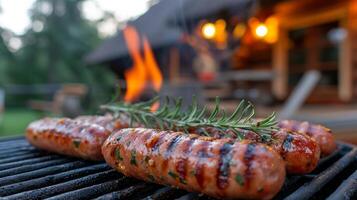 ai generiert Würste sind gegrillt. Hintergrund verschwommen Hintergrund von Land Haus und Sommer- Garten foto