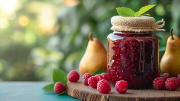 ai generiert Krug mit Himbeere Marmelade steht auf ein hölzern Tabelle Nächster zu es foto